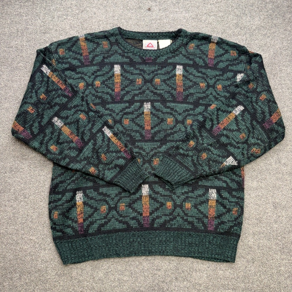 Vintage Peter Jong‎ Mens Green Geometric Abstract Knit Crewneck Sweater XL 0977